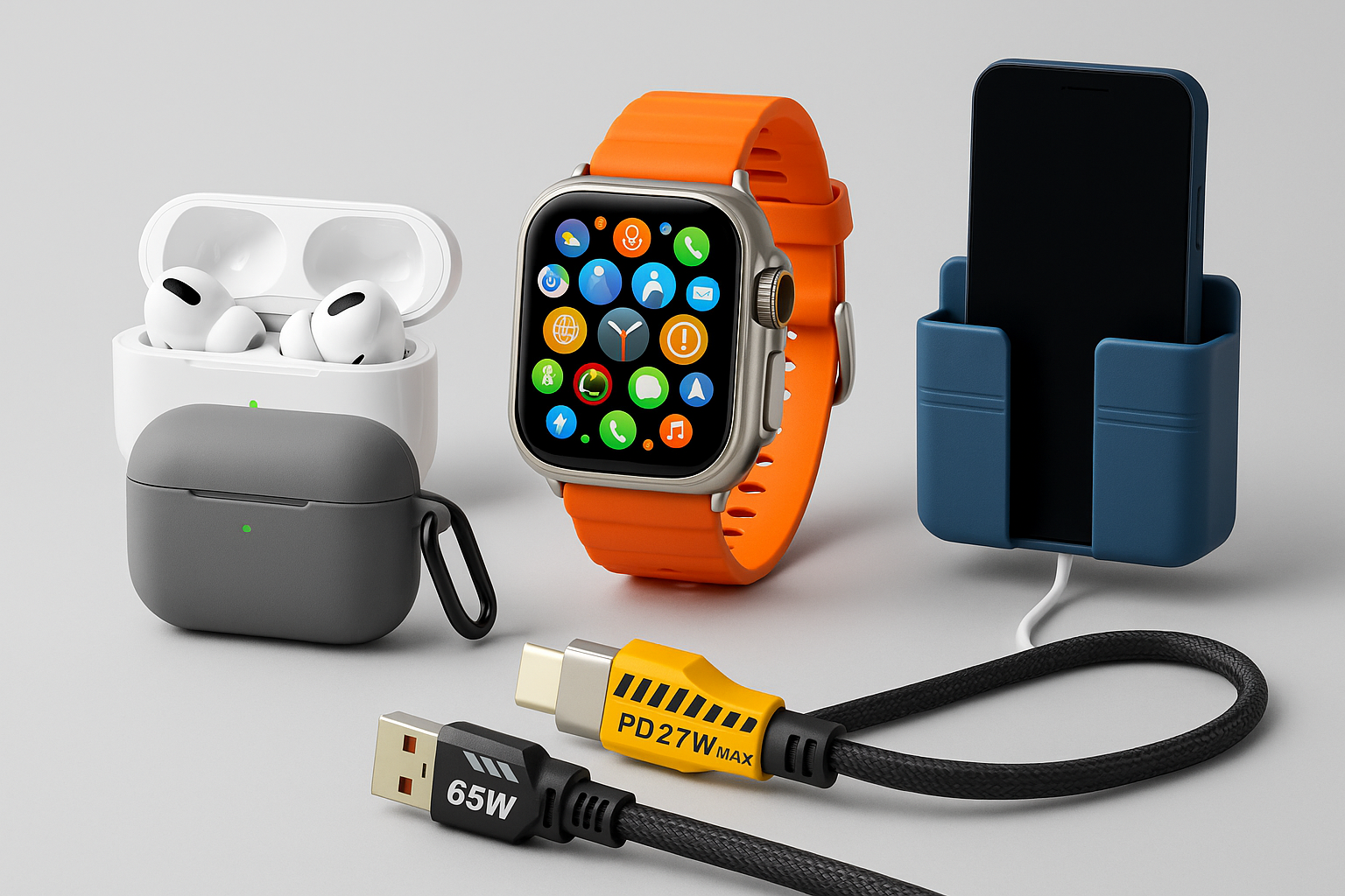 5-in-1 Premium Tech Combo – Smartwatch, AirPods with case, 4 In 1 Charging Cable, Wall Mount Phone Holder