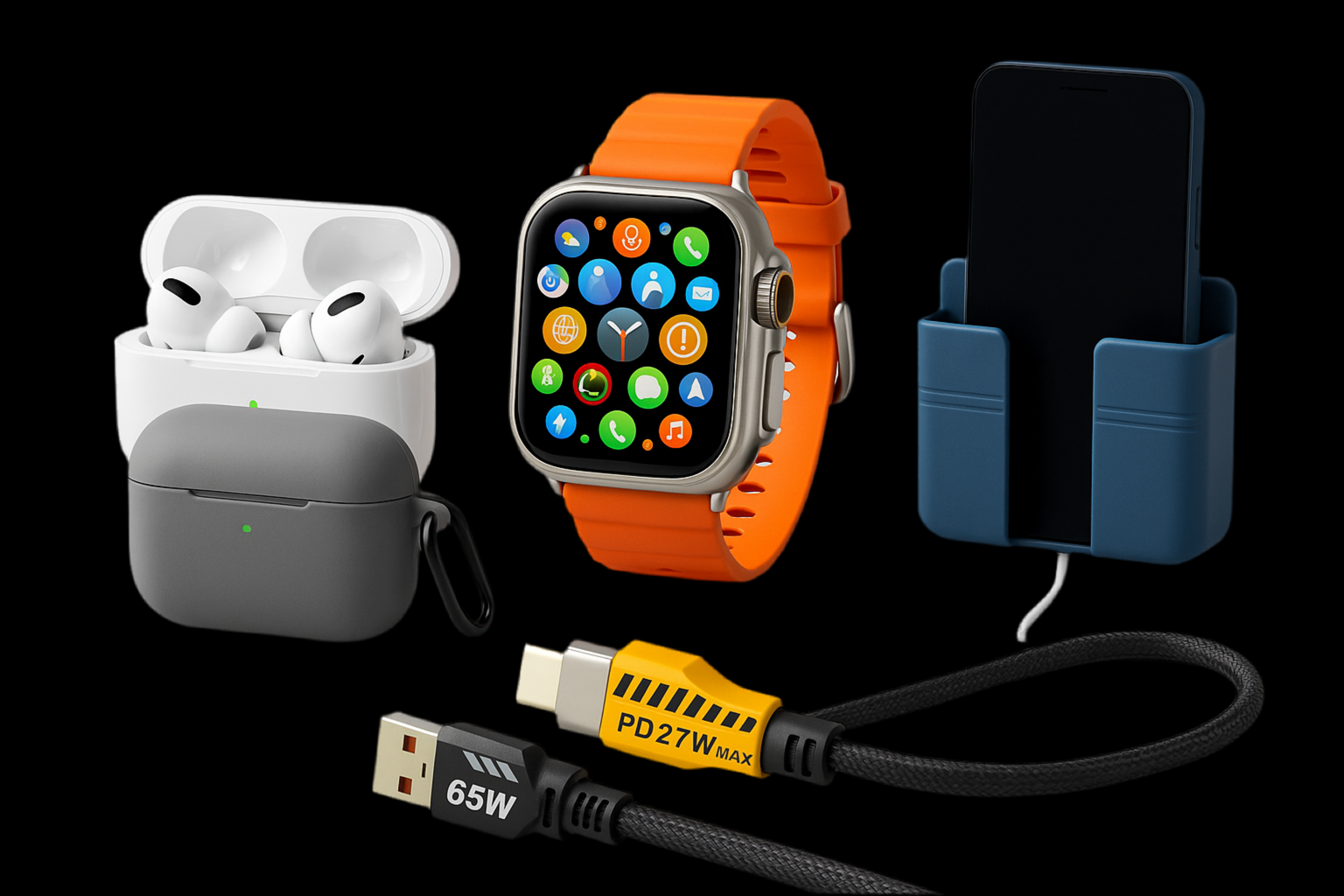 5-in-1 Premium Tech Combo – Smartwatch, AirPods with case, 4 In 1 Charging Cable, Wall Mount Phone Holder